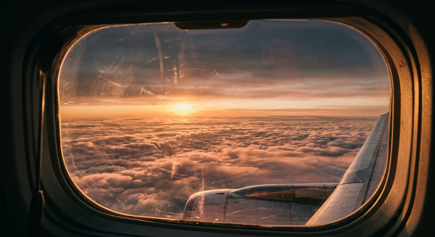 View from an airplane window over clouds at dawn