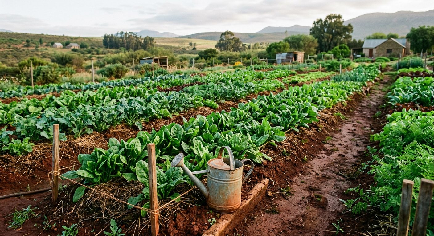 Rows of leafy greens growing in red soil in a community garden