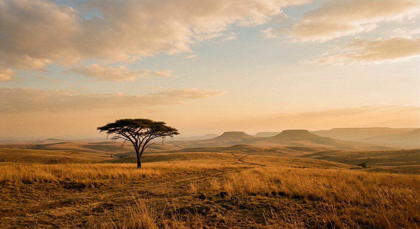 Golden grassland of the South African highveld with a lone acacia tree at sunset