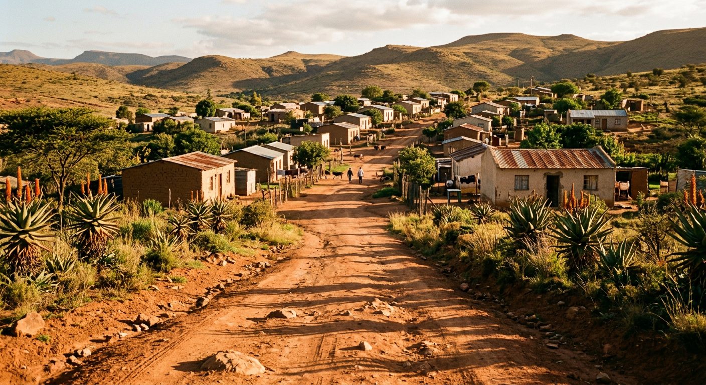 A red dirt road leading into a small rural village at golden hour